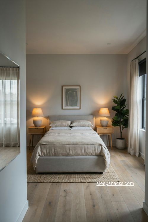 Airbnb guest bedroom with calm neutral decor and minimalist design