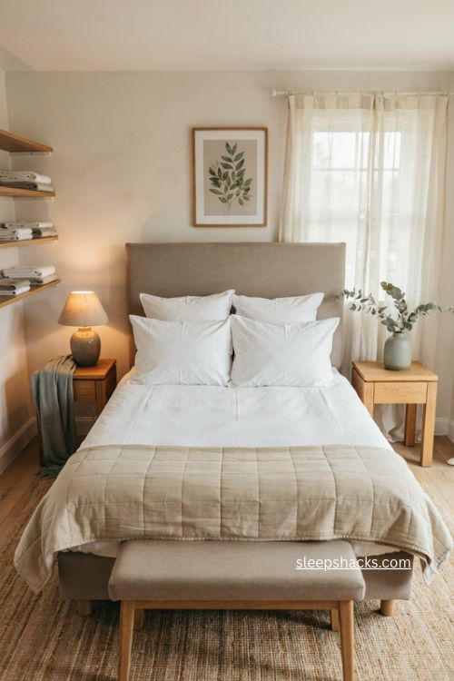 Airbnb guest bedroom with crisp white bedding layered quilts and comfortable pillows