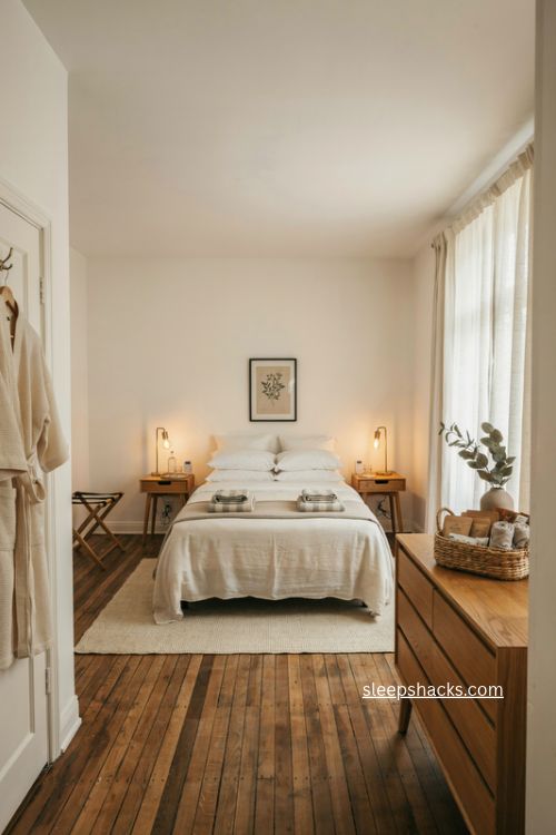 Airbnb guest bedroom with hotel style touches welcome basket fresh linens and bedside amenities