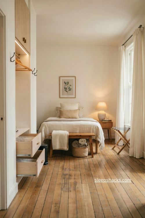Airbnb guest bedroom with luggage rack bench and unpacking storage ideas