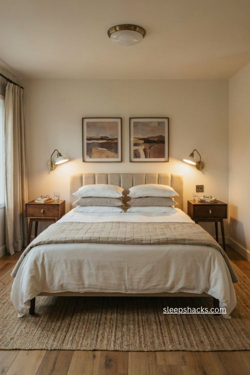 Airbnb guest bedroom with matching brass bedside sconces and cozy hotel style lighting