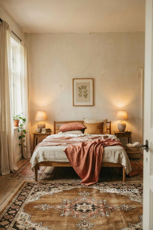 Airbnb guest bedroom with vintage rug warm coral bedding and layered cozy textures