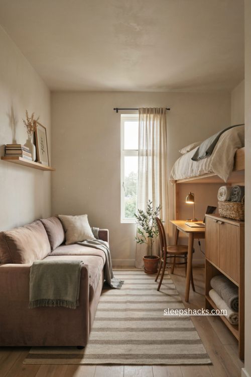 Airbnb multifunctional guest bedroom with velvet sleeper sofa desk and space saving design