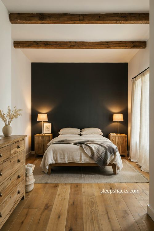 Airbnb rustic guest bedroom with reclaimed wood dresser black accent wall and cozy farmhouse decor