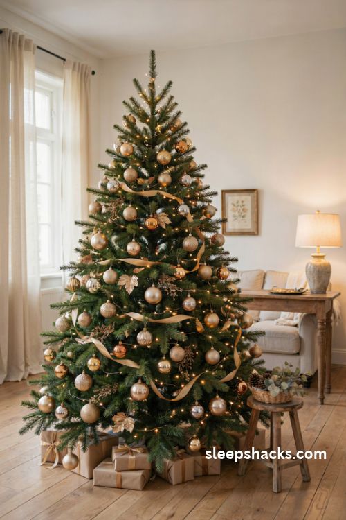All gold monochrome christmas tree with champagne antique brass and glitter ornaments