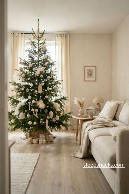 All white and cream Christmas tree with pearl ornaments and cozy minimalist decor