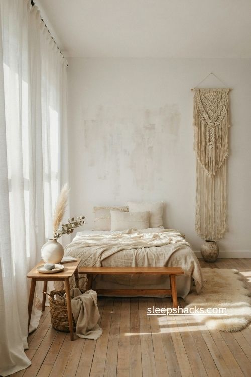 All white boho bedroom with macramé wall hanging faux fur rug and wood accents 