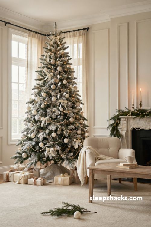 All white flocked christmas tree with pearl garlands ivory ornaments and gold accents
