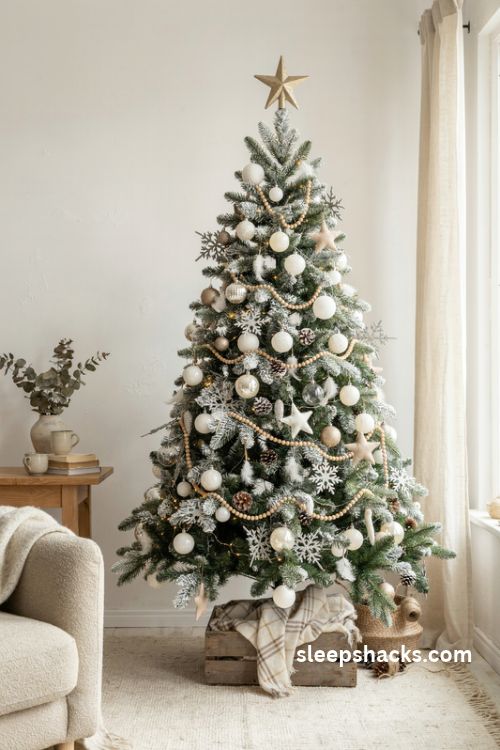 All white winter wonderland christmas tree with snowflake ornaments felt stars and warm lights