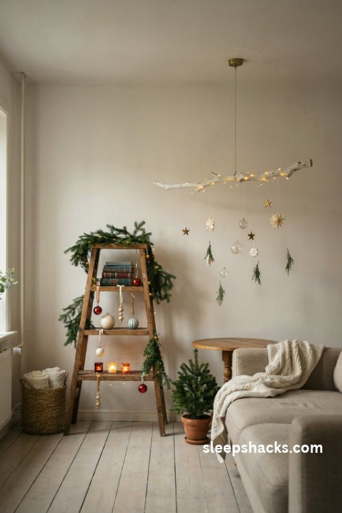 Alternative Christmas tree with a decorated wooden ladder and hanging branch