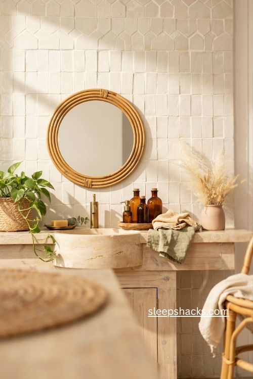 Amber glass bottles and woven mirror boho bathroom ideas