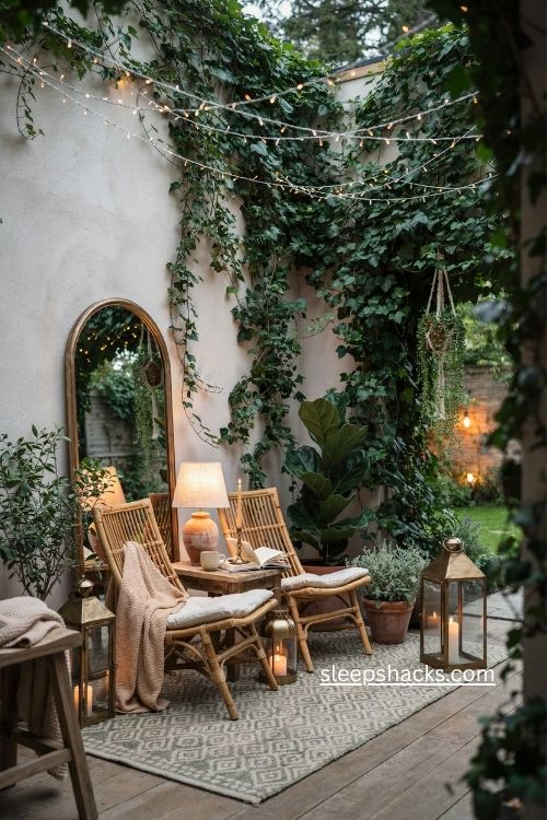 Ambient lighting enclosed patio ideas with string lights lanterns and cozy glow