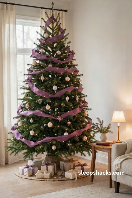 Amethyst purple ribbon cascade christmas tree with champagne and silver ornaments
