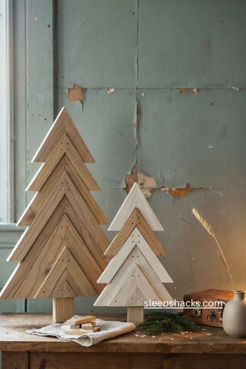 Angled pine board wood christmas trees handmade with natural and ivory finishes 