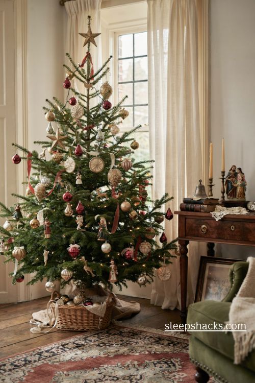 Antique christmas ornaments on a nostalgic vintage tree with delicate glass baubles and treasured victorian decorations