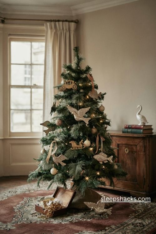 Antique dresden embossed cardboard christmas ornaments in aged gold and silver on a vintage feather tree