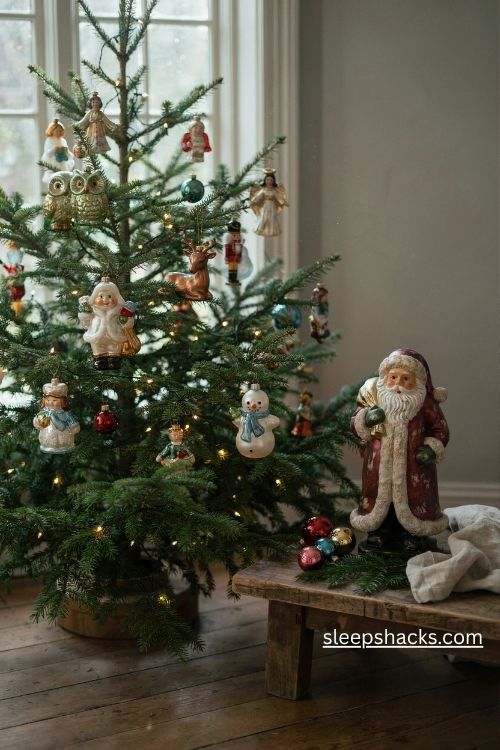 Antique figural glass santa snowman and owl christmas ornaments with charming painted faces on a vintage tree