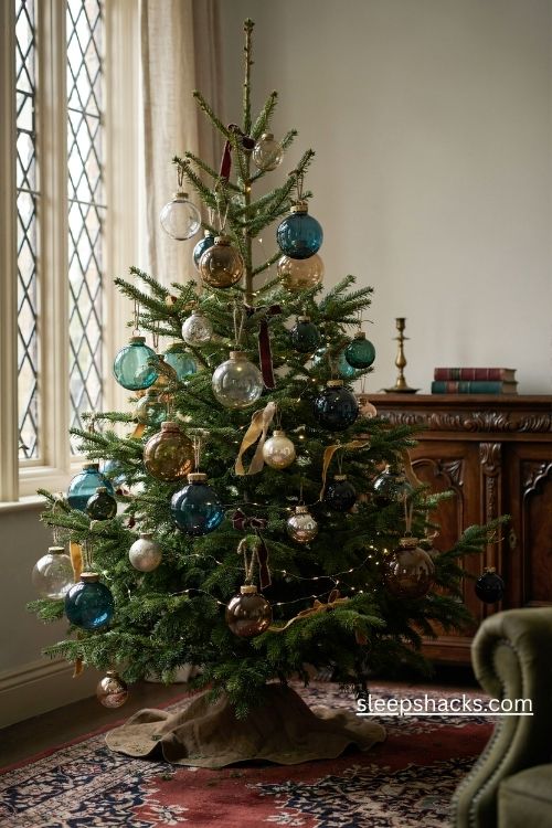 Antique german kugel christmas ornaments in cobalt blue emerald green and amber glass on a vintage tree