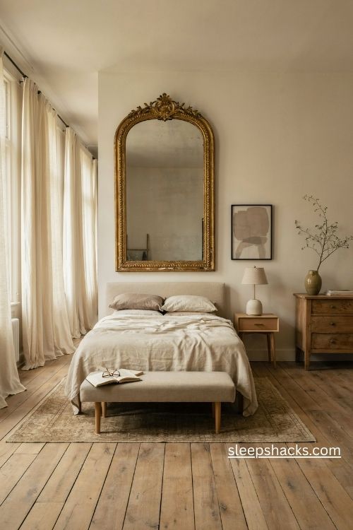 Antique gilded statement mirror with worn gold details in a cozy vintage bedroom