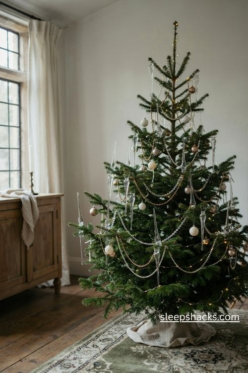 Antique glass icicle christmas ornaments and vintage bead garlands shimmering on a nostalgic evergreen tree