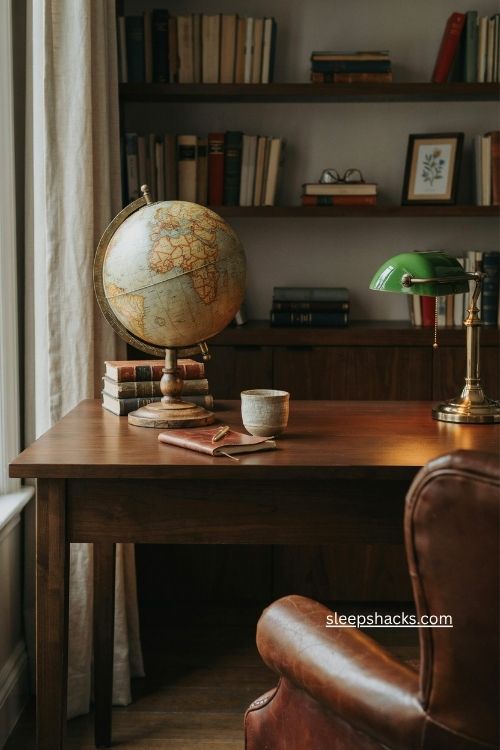 Antique globe on a dark wood desk in a classic masculine office