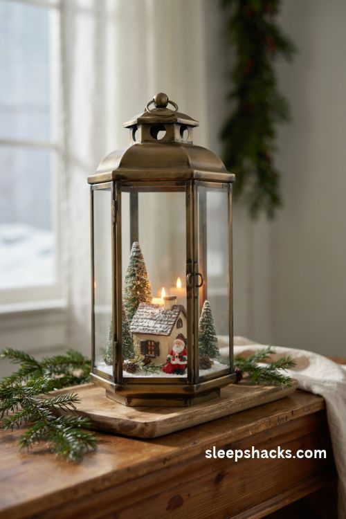 Antique lantern Christmas diorama with a tiny snowy cottage, miniature Santa, bottle brush trees, and warm candlelight