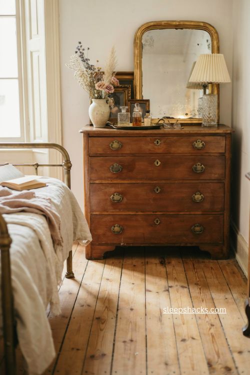 Antique mirror and crystal lamp vintage bedroom with gilt frame and cozy elegant details
