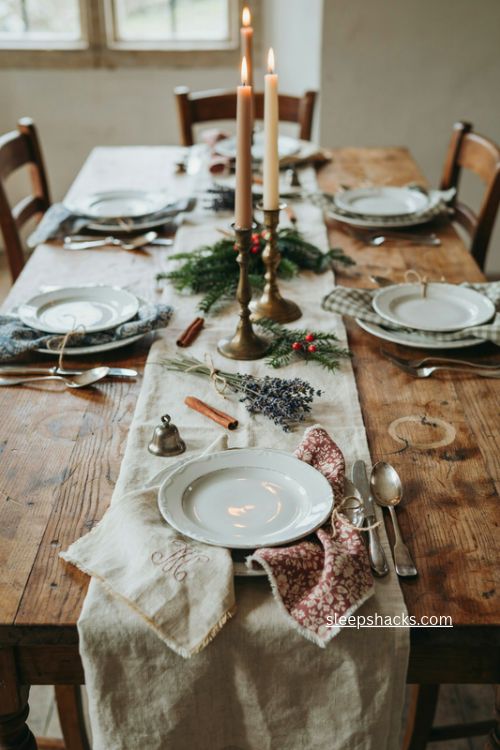 Antique monogrammed linen napkins on a French country Christmas table 