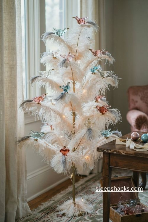 Antique spun glass christmas birds with delicate tails perched on a vintage feather tree