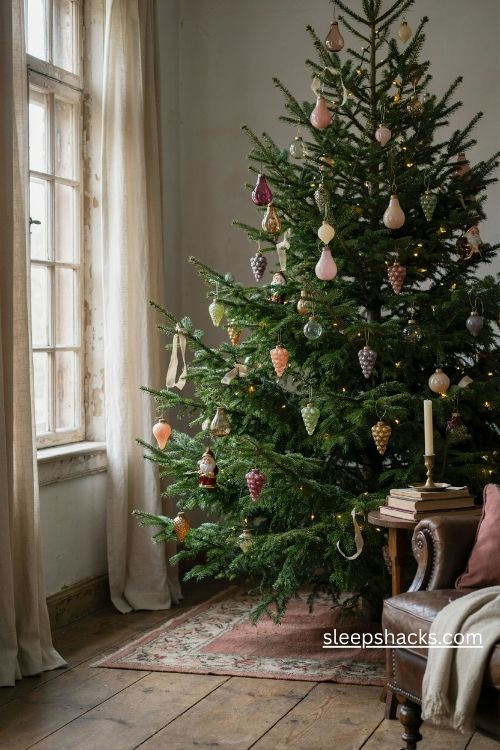 Antique thin blown glass fruit and tiny santa christmas ornaments on a nostalgic victorian tree