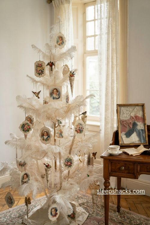 Antique victorian paper scrap christmas ornaments with angels birds and faded floral illustrations on a vintage feather tree