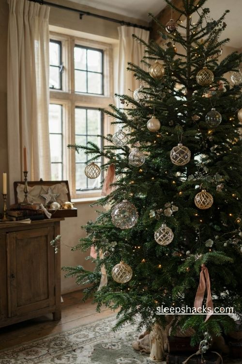 Antique wire wrapped and bead wrapped christmas ornaments in gold and silver on a vintage tree