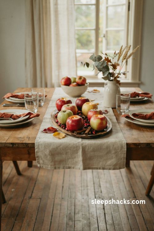 Apple tea light holders with red green and golden apples for rustic Thanksgiving table decor
