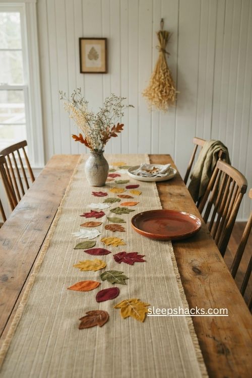 Applique leaf burlap table runner with rustic fall quilting and farmhouse decor 