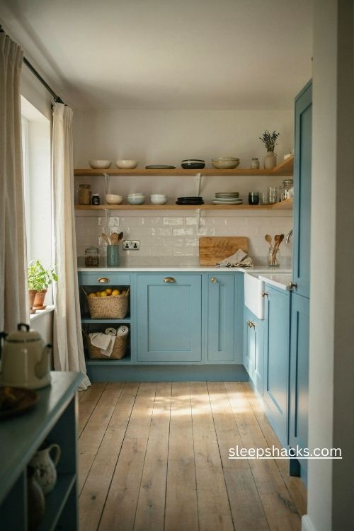 Aqua kitchen cabinets with natural oak floors white countertops and coastal cottage charm