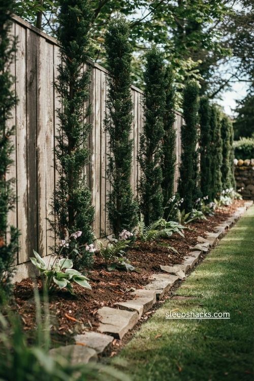 Arborvitae privacy screen along a wooden fence with year round green foliage