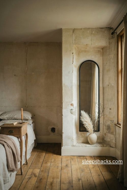 Arched brass mirror fitted into a bedroom chimney alcove with vintage period details