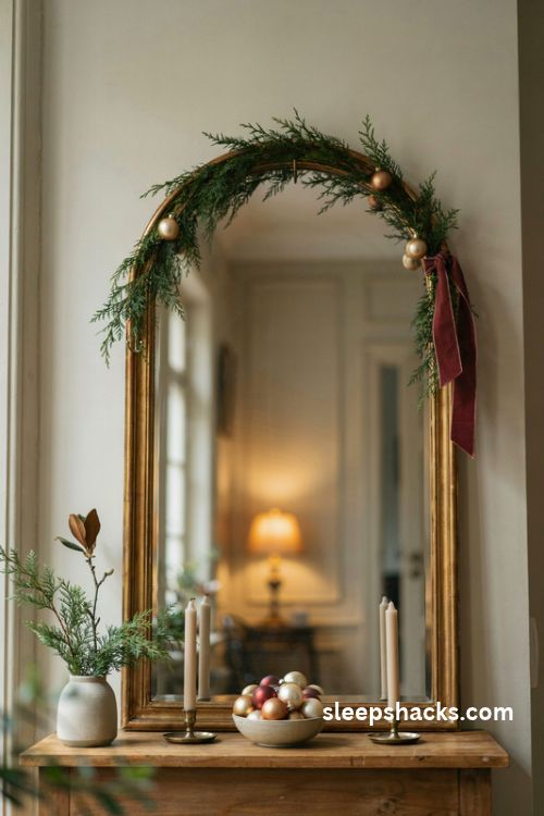 Arched mirror Christmas decor with slim evergreen garland gold ornaments and cozy candlelight