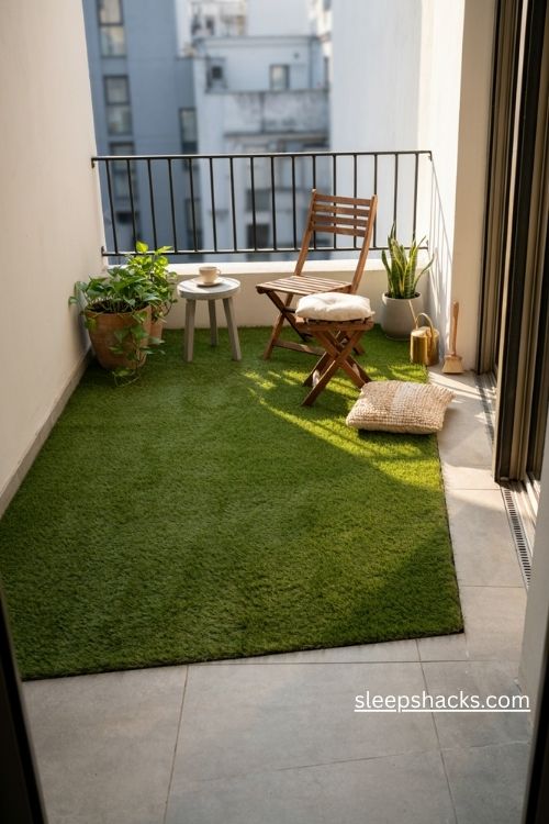 Artificial grass patch for a small flat balcony with cozy seating potted plants and a miniature lawn look