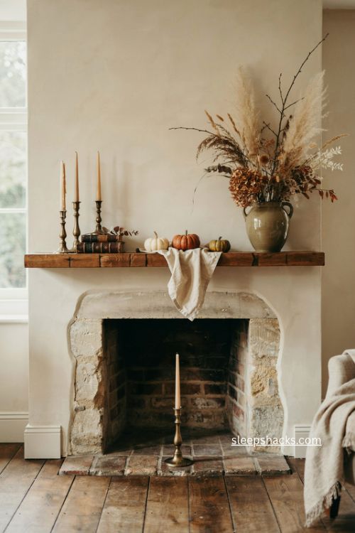 Asymmetrical fall fireplace mantel decor with tall candlesticks and dried foliage 
