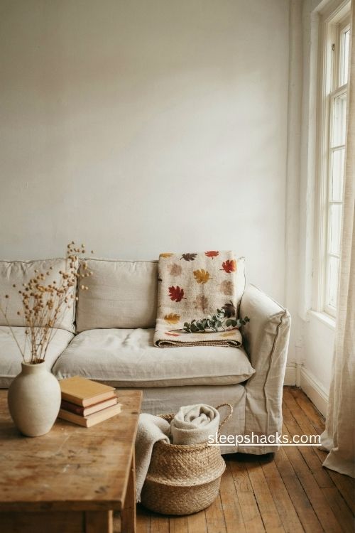 Autumn leaves fleece throw on neutral sofa cozy fall living room