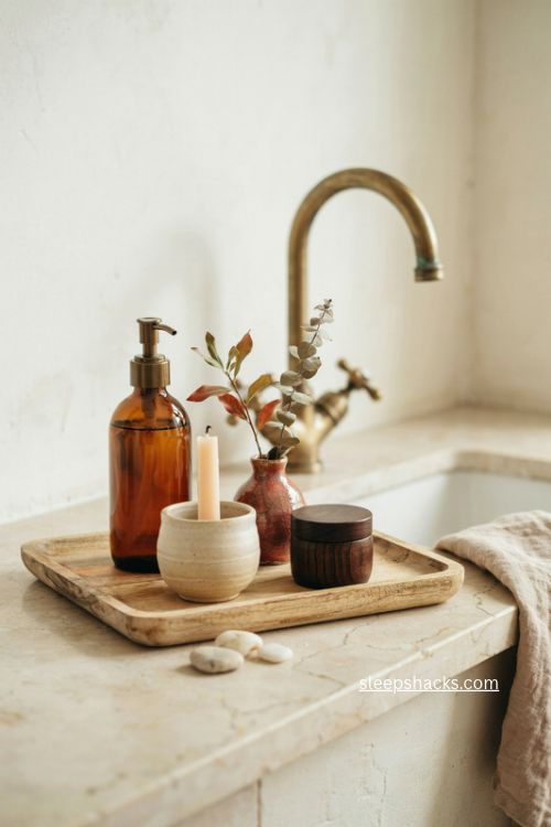 Autumn vanity styling with amber glass wood ceramic and warm textures
