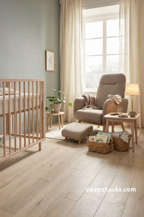 Baby boy nursery with cozy glider feeding nook soft lighting and natural wood accents