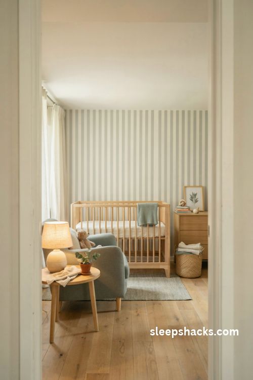 Baby boy nursery with cream and sage striped wallpaper accent wall and natural wood crib
