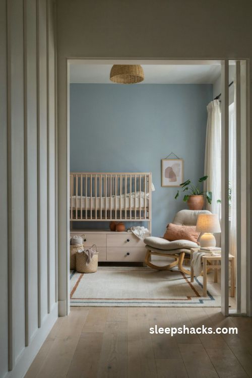 Baby boy nursery with dusty blue walls terracotta accents and natural oak crib