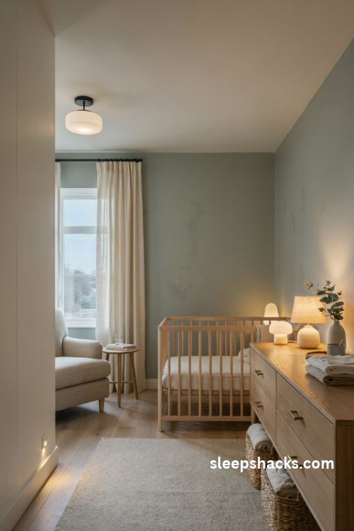 Baby boy nursery with layered dimmable lighting warm lamps and natural wood crib