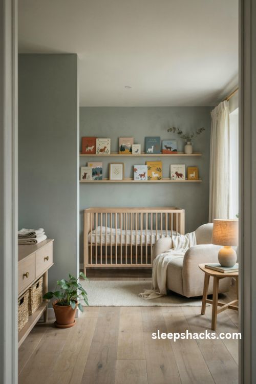 Baby boy nursery with light oak floating bookshelves front facing books and sage green decor