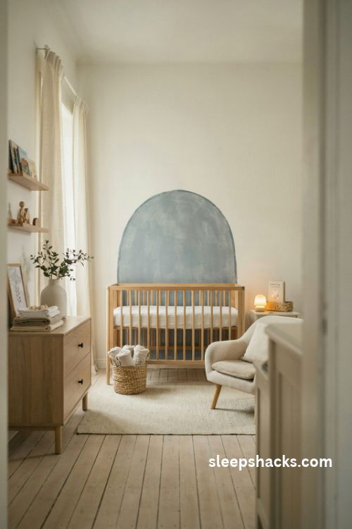 Baby boy nursery with muted blue painted arch mural behind a natural wood crib