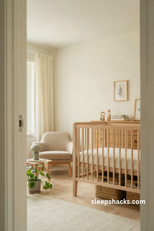 Baby boy nursery with natural oak crib soft neutral decor and Scandinavian style
