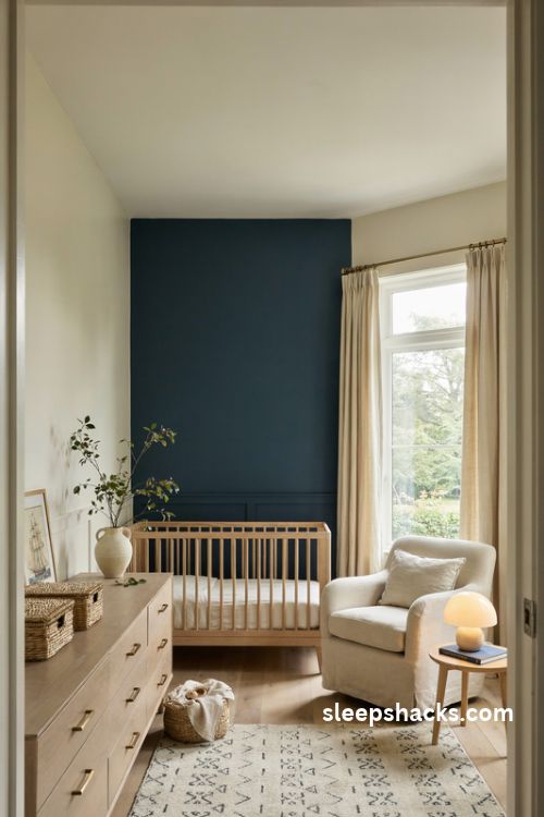 Baby boy nursery with navy accent wall cream decor and natural wood crib